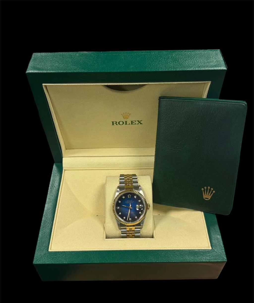 ROLEX DATEJUST BLUE DIAL DIAMOND MARKERS JUBILEE BRACELET 1987 BOX + PAPERS