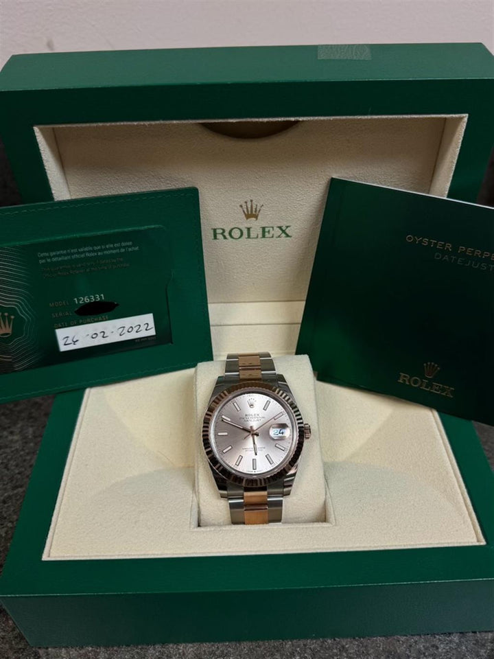 2022 41MM ROLEX DATEJUST STEEL AND 18K EVEROSE SUNDUST DIAL FLUTED BEZEL 126331
