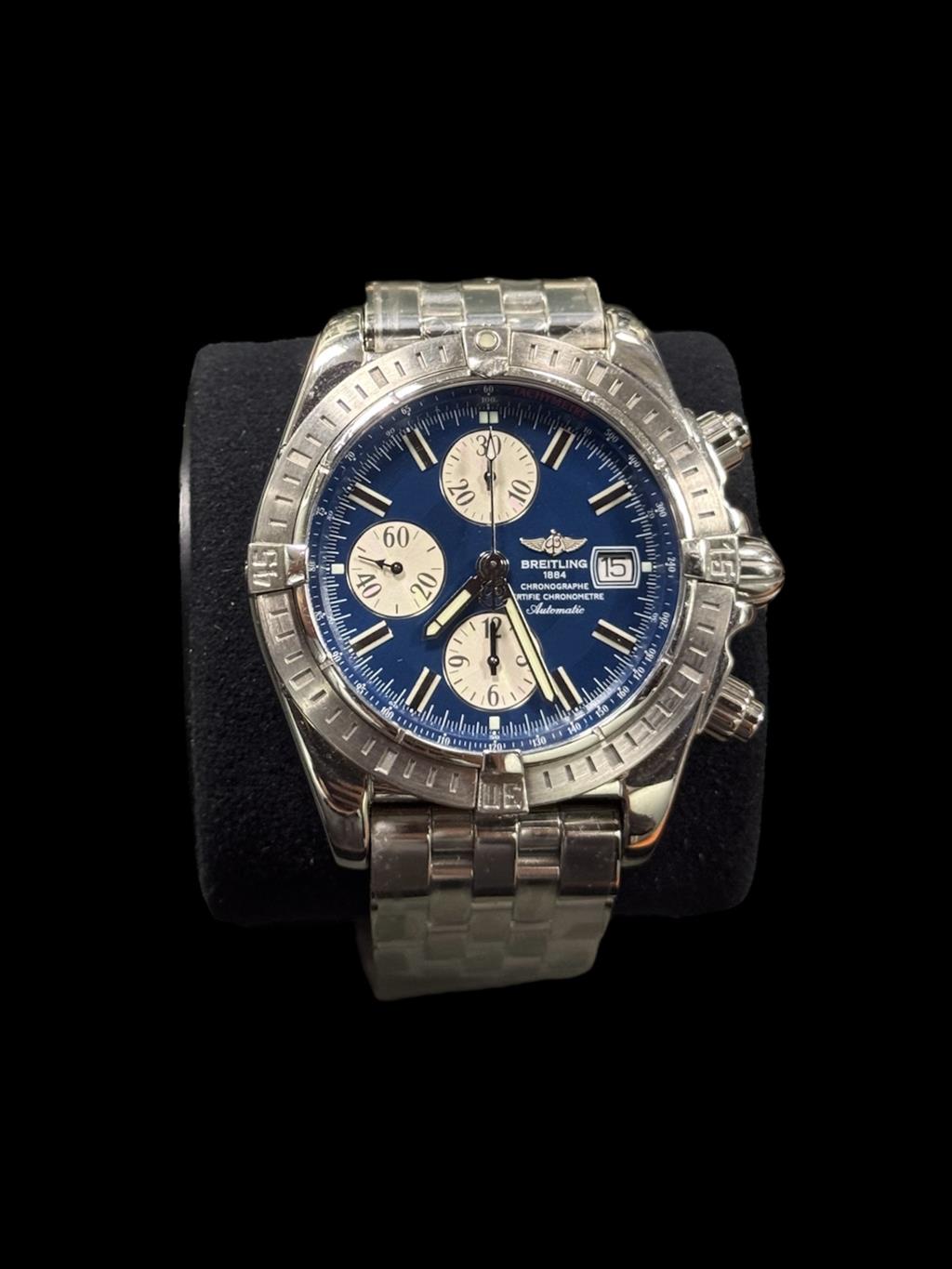 BREITLING CHRONOMAT EVOLUTION BLUE DIAL , SILVER SUBDIALS BOX + PAPERS