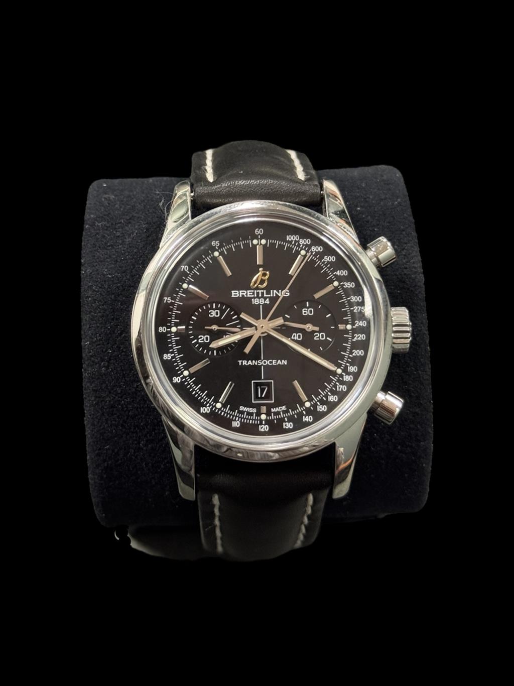BREITLING MENS SS TRANSOCEAN CHRONO BLACK DIAL BLACK SUB DIALS BLACK STRAP