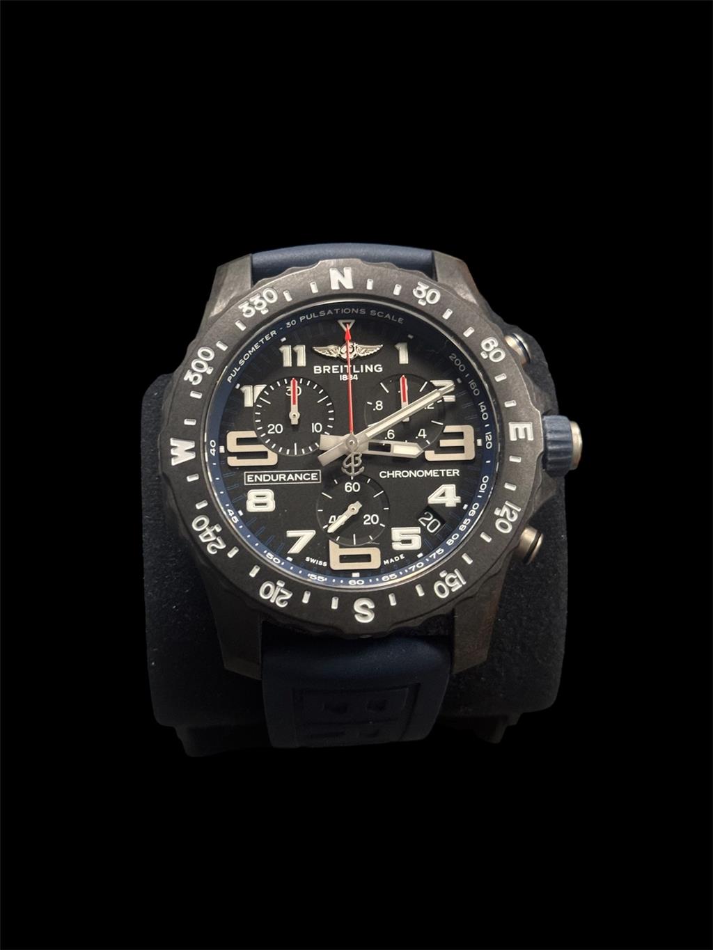 BREITLING ENDURANCE PRO BLUE DIAL , BLUE RUBBER STRAP . BLACK BREIGHTLIGHT CASE X82310D51B1S1